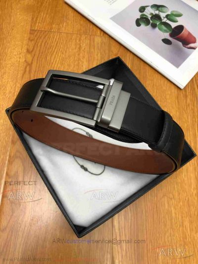 AAA Replica Prada Reversible Black Leather Belt - Pewter Buckle